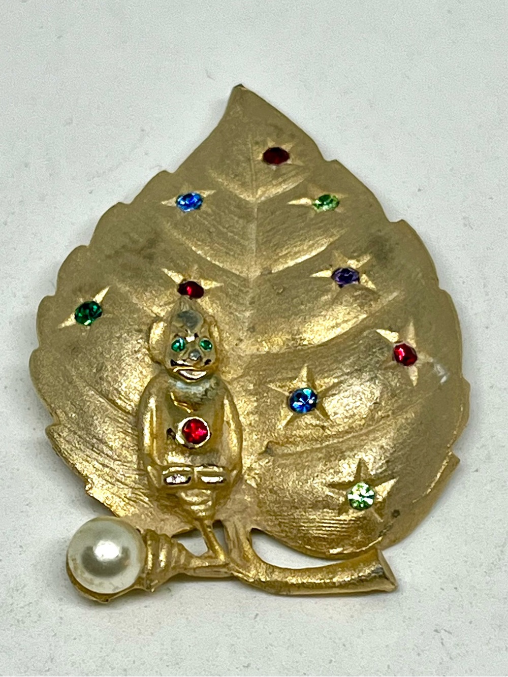 Vintage Gold Leaf FairyBrooch with Multicolor Rhinestones & Pearl Accent